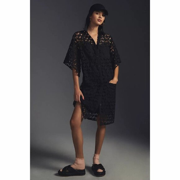Eva Franco Dresses & Skirts - Anthropologie Eva Franco Black Cutwork Shirt Dress with Pockets and Bell Sleeves